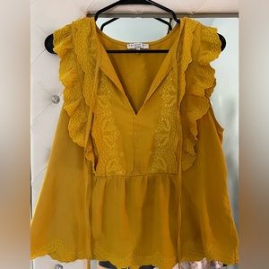 Current Air Yellow Embroidered Sleeveless Boho Scalloped Tie Front Top Size L